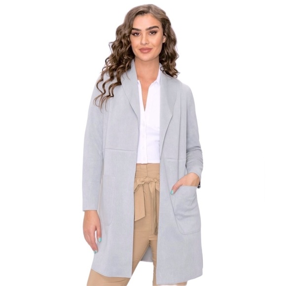 NWT STORY ON Amelia Open Front Long Blazer Lavender Suede Jacket Coat Size M - Picture 13 of 15